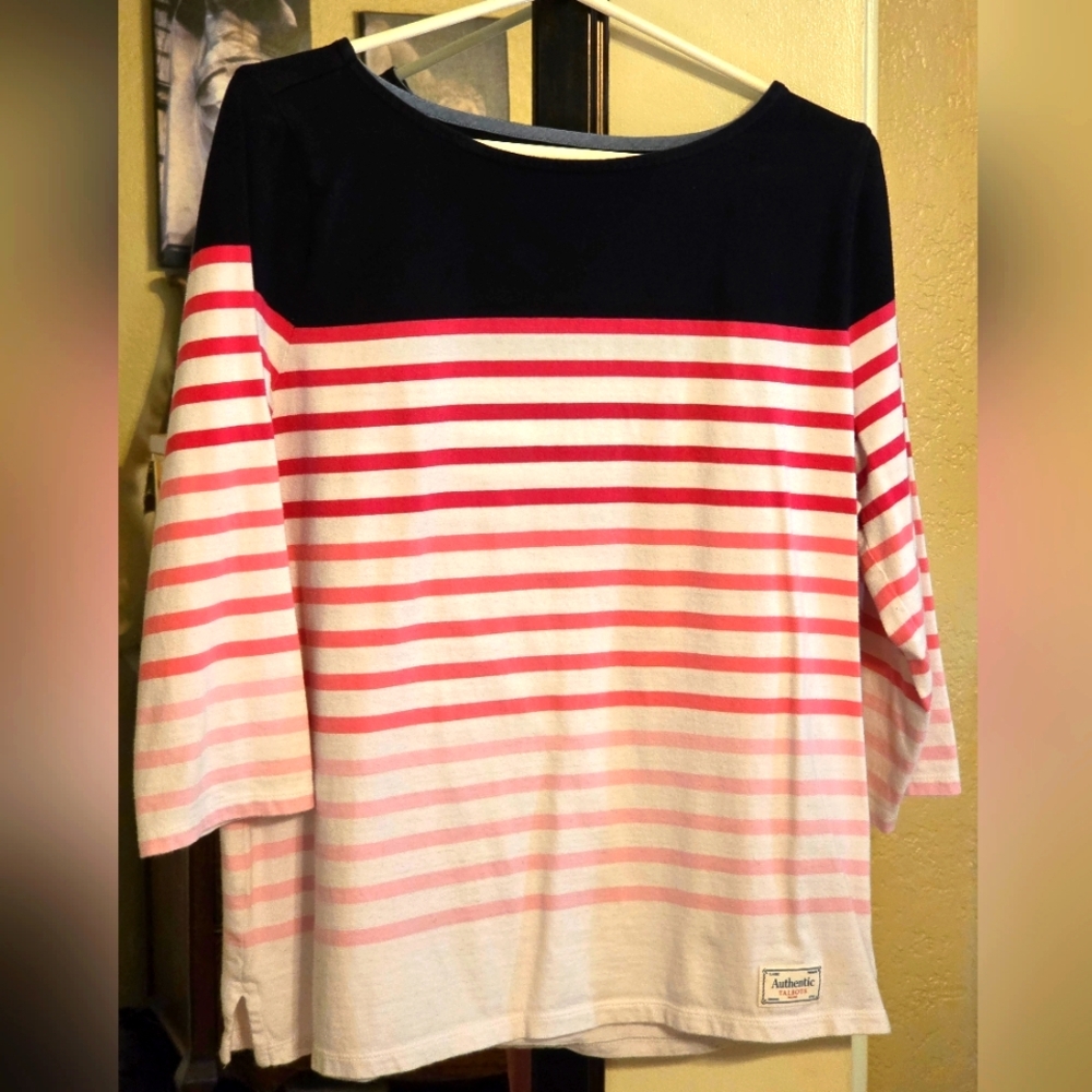 Talbots Navy & Pink Striped 3/4 Sleeve Tee L